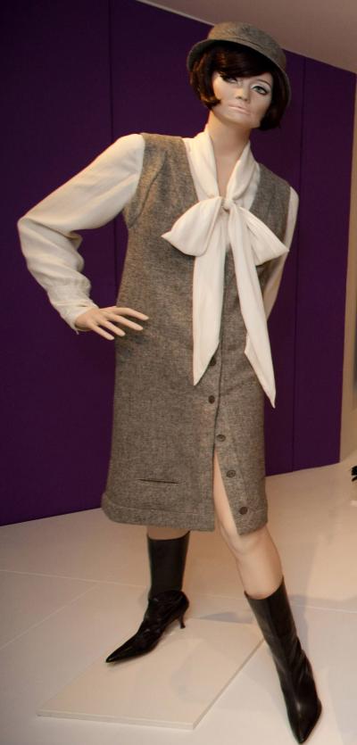 1963 Mary Quant: Grey wool dress and cream chiffon blouse, trilby hat by Reed Crawford. Selector: Fashion Writers’ Assoc.
