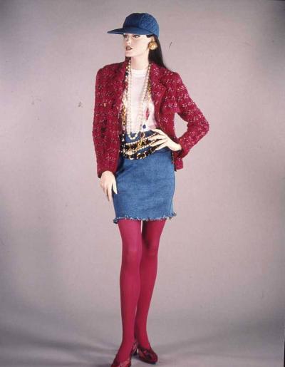 1991 Karl Lagerfeld/ Chanel: Pink tweed bouclé jacket, denim skirt and baseball hat. Selector: Elizabeth Tilberis, Vogue 