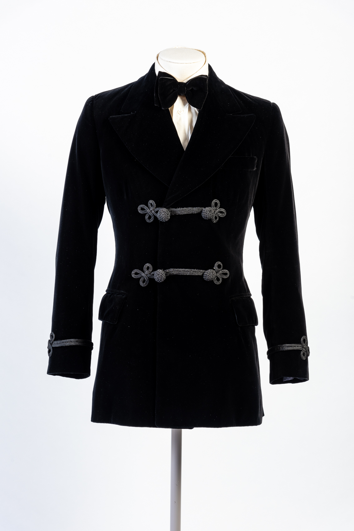 Image: Black cotton velvet evening suit by Blades, 1971