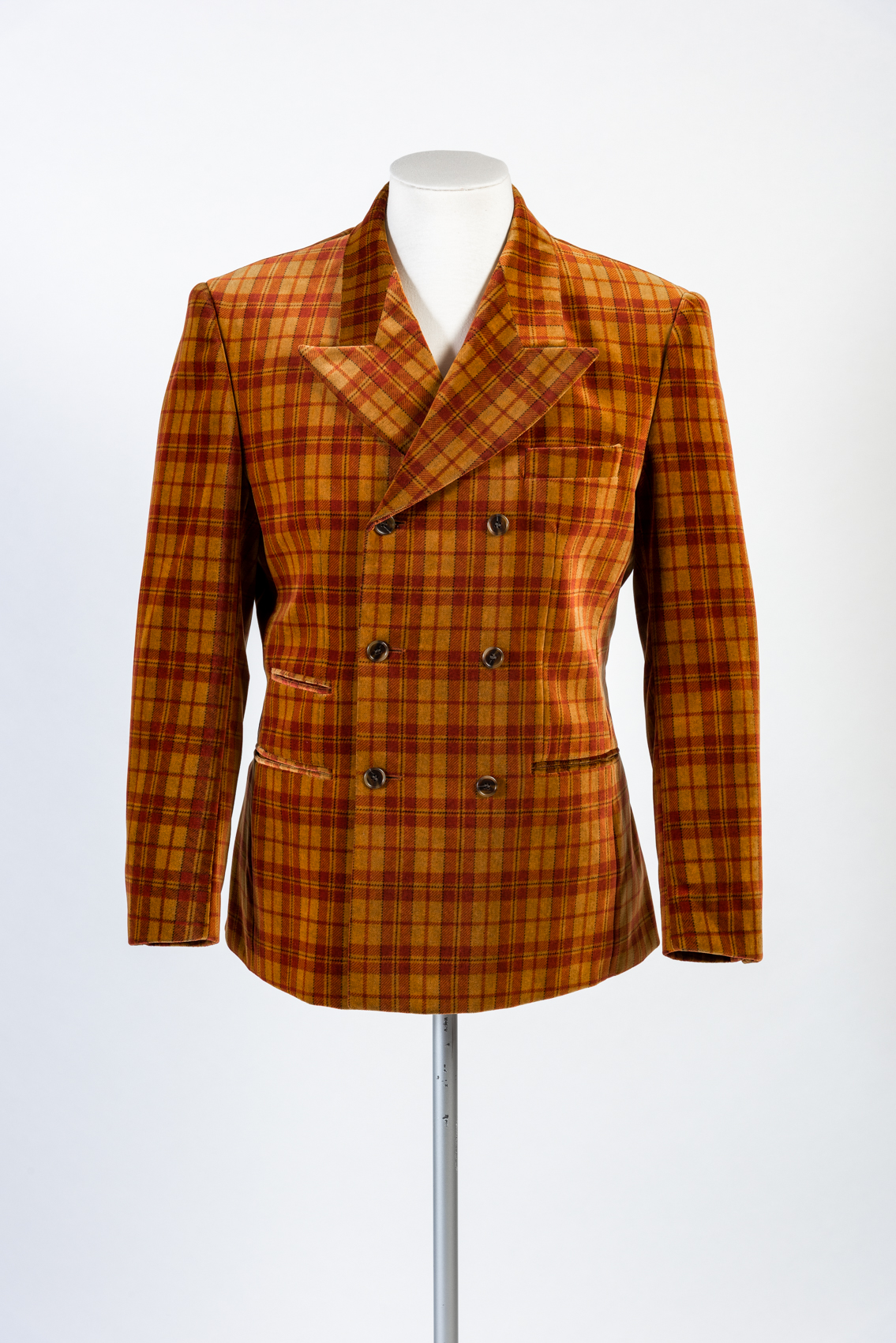 Image: Red velvet and gold checked jacket by Rochas; worn by Sir Roy Strong CH ca. 1990s