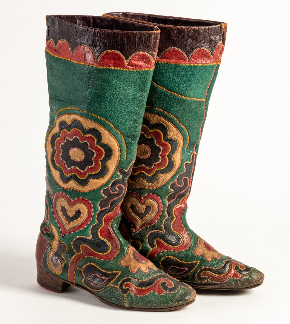 Image: Green leather appliqué Russian boots, 1900s, worn by Lady Ottoline Morrell