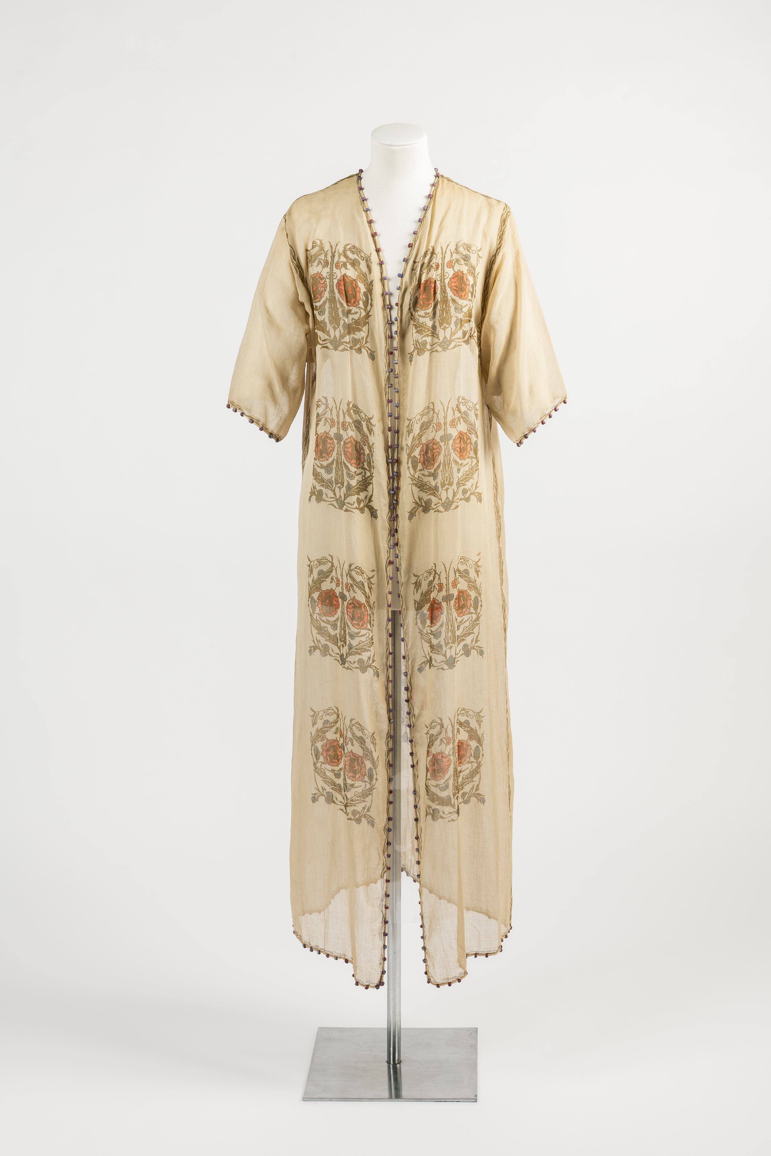 White cotton dress with printed briar rose design, associated with Ottoline Morrell, 1910s
