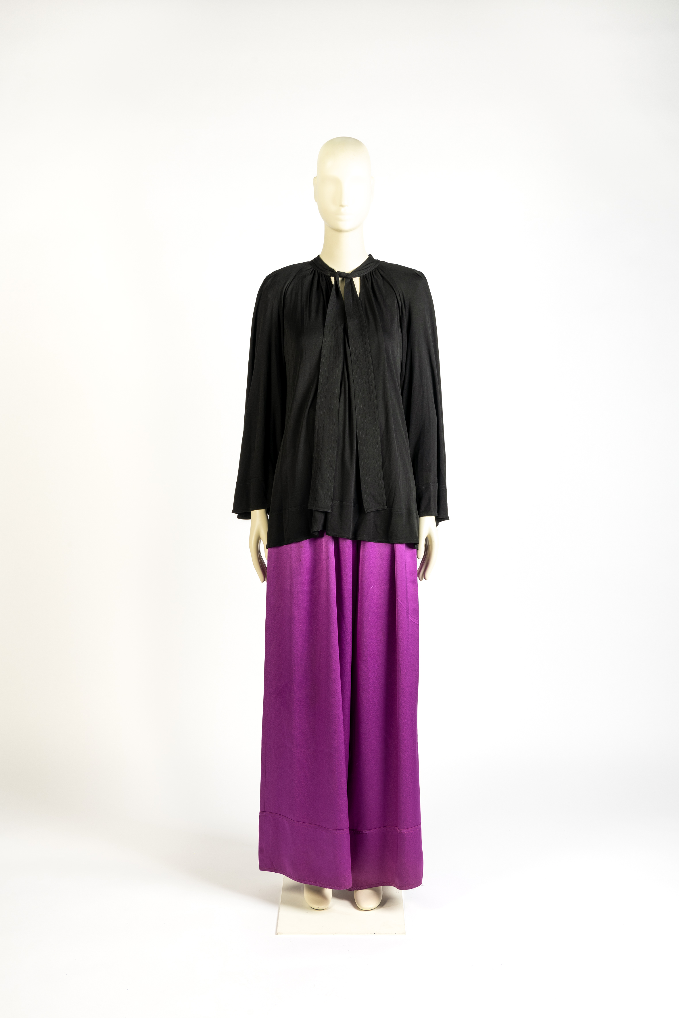 Black silk jersey blouse and purple silk wide leg trousers by Jean Muir, 1980s