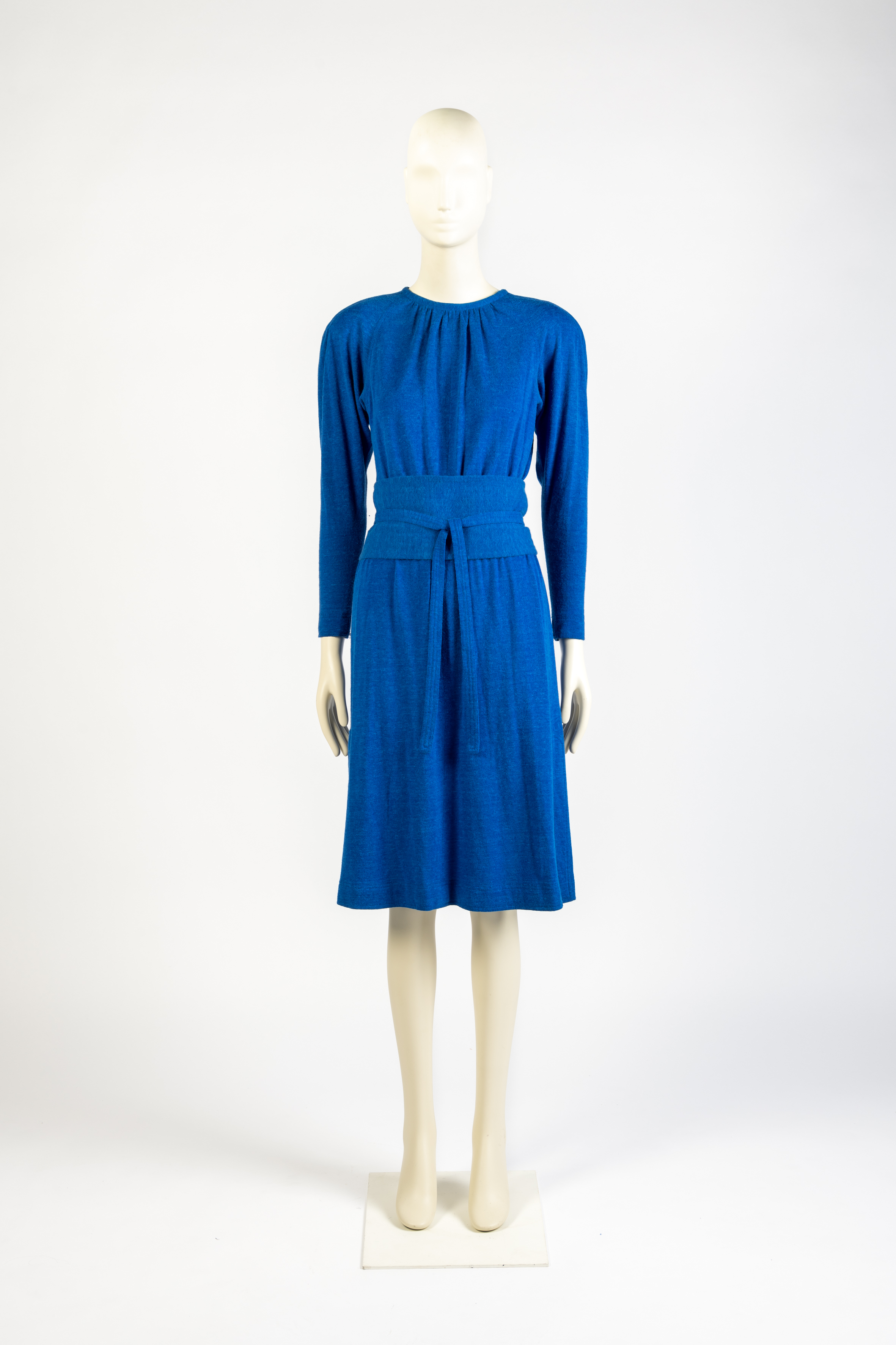 Blue knitted wool-mix dress with obi-style belt by Jean Muir, 1980s