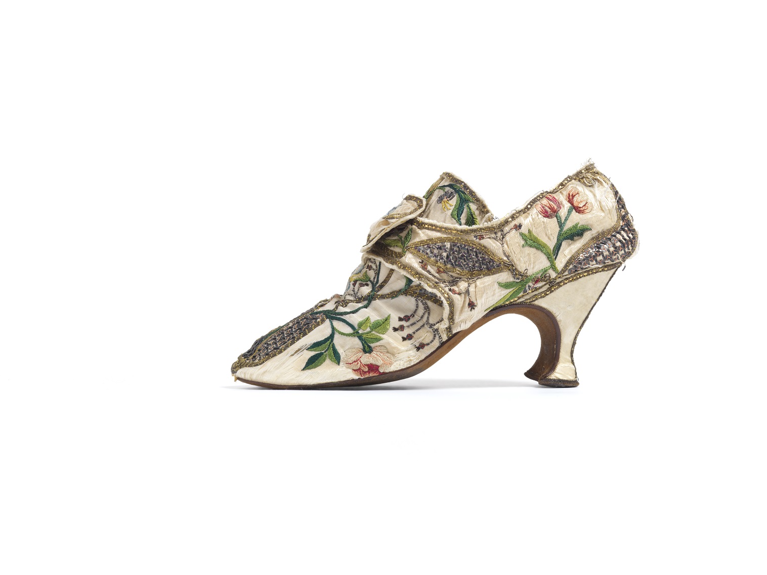 Cream silk shoes embroidered with silk and metal thread, c.1760s