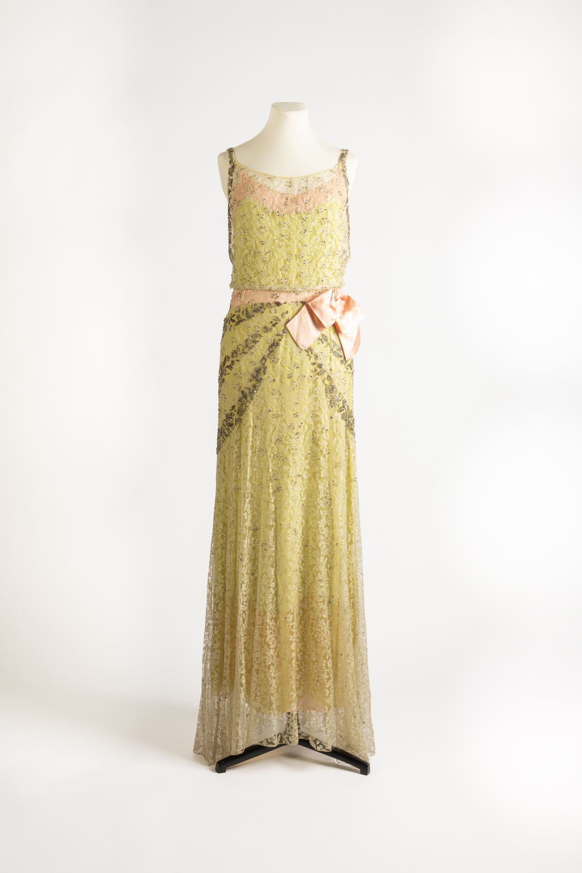 Green, pink and cream silk machine lace evening dress with diamantes and beads by Molyneux