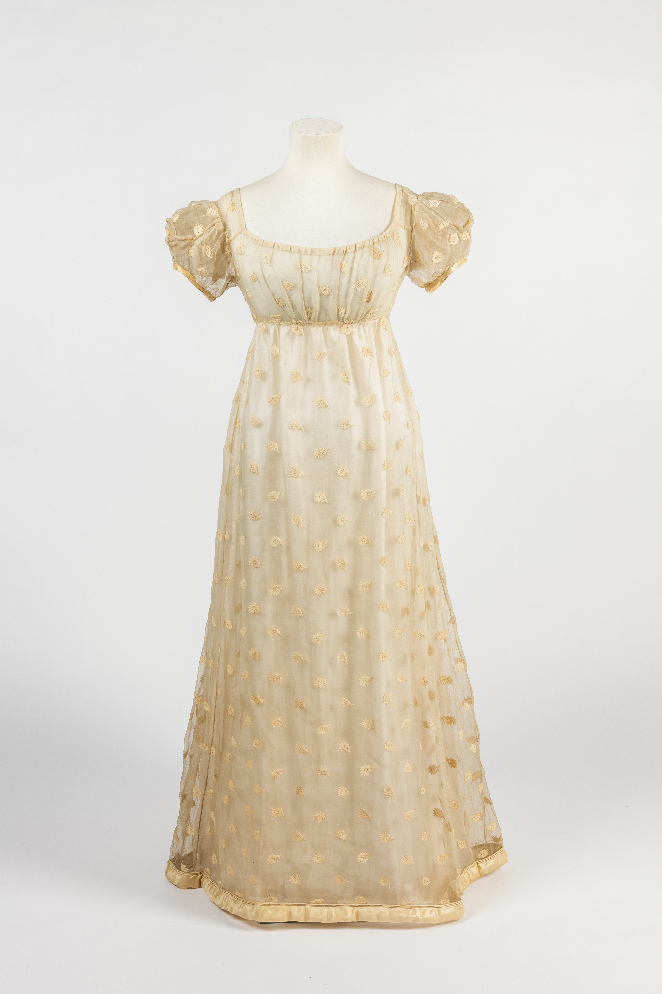 Cream woven silk gauze wedding dress with embroidered tambour work motifs
