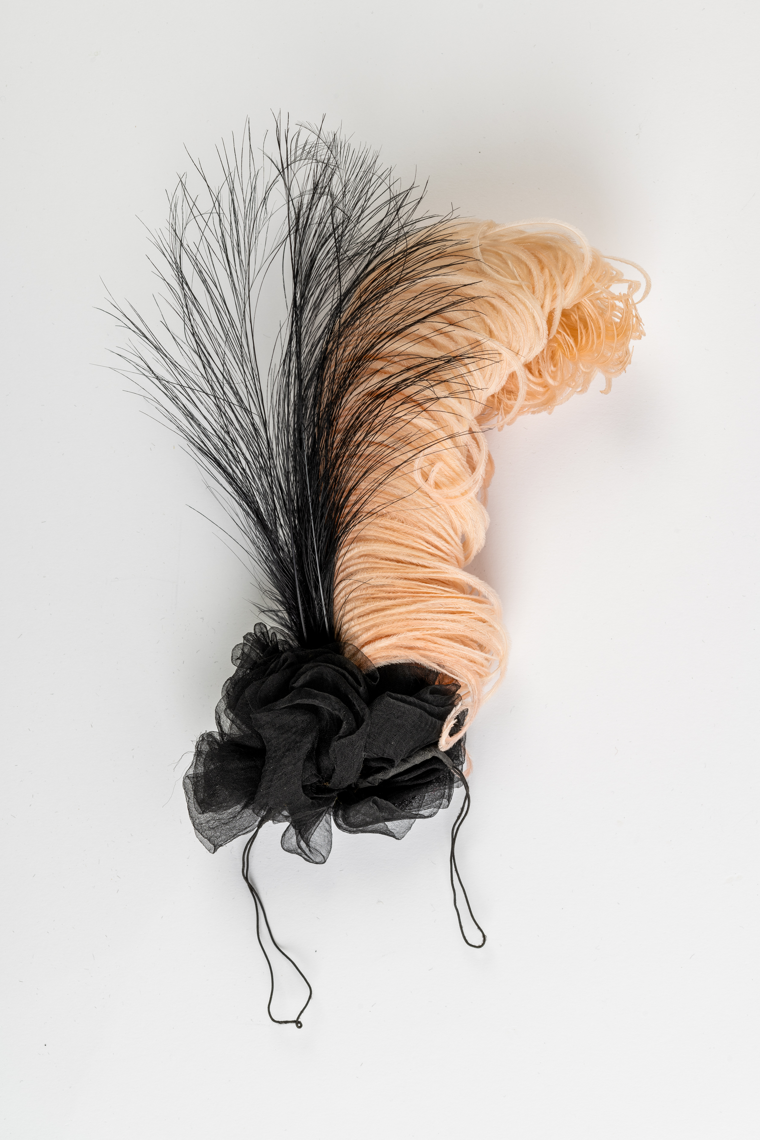 Hair ornament of black and peach-coloured feathers on black silk chiffon