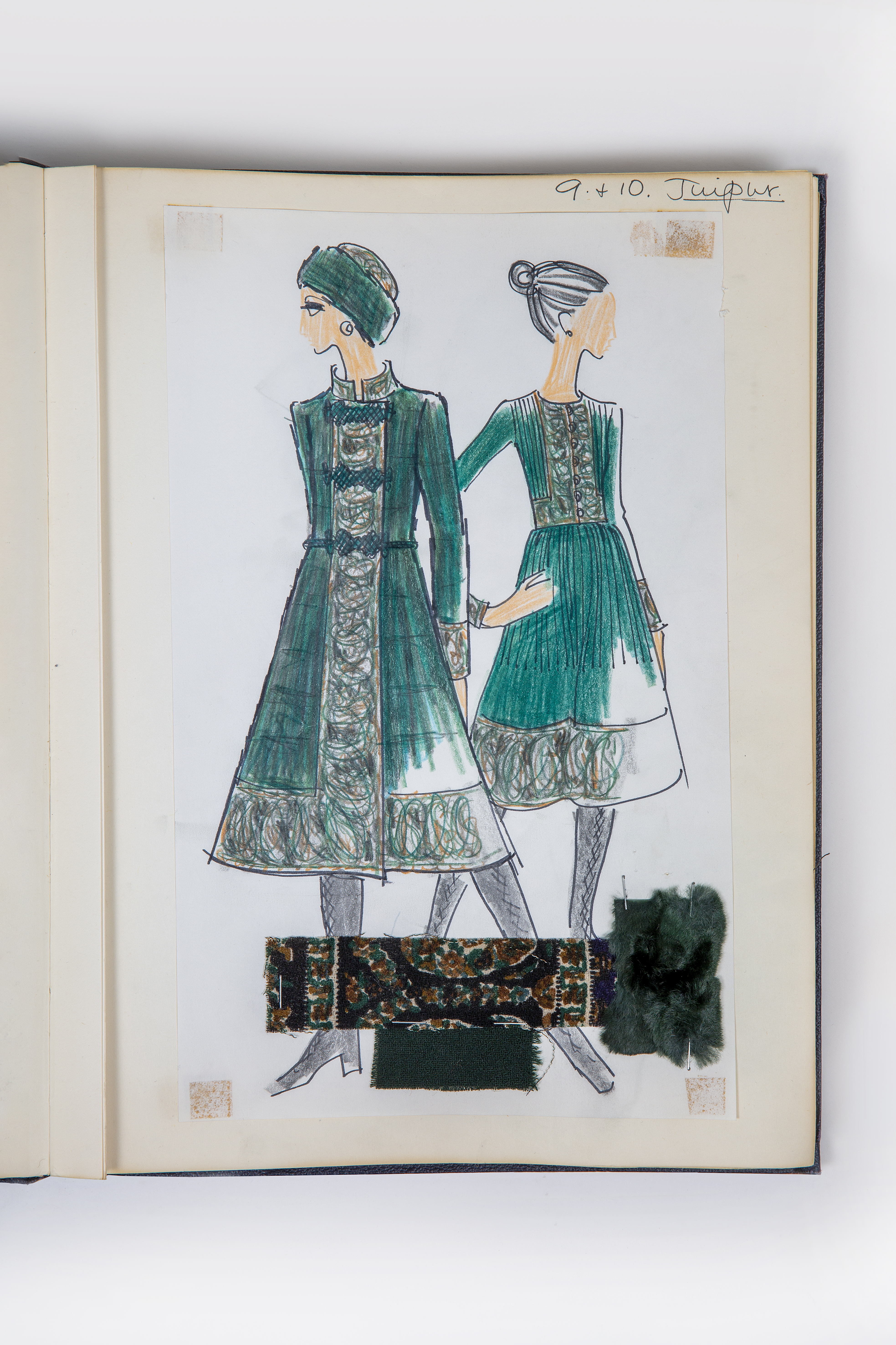 Fashion sketch of the ‘Jaipur’ coat and dress [within a bound volume] by Bellville Sassoon, Autumn/Winter 1970