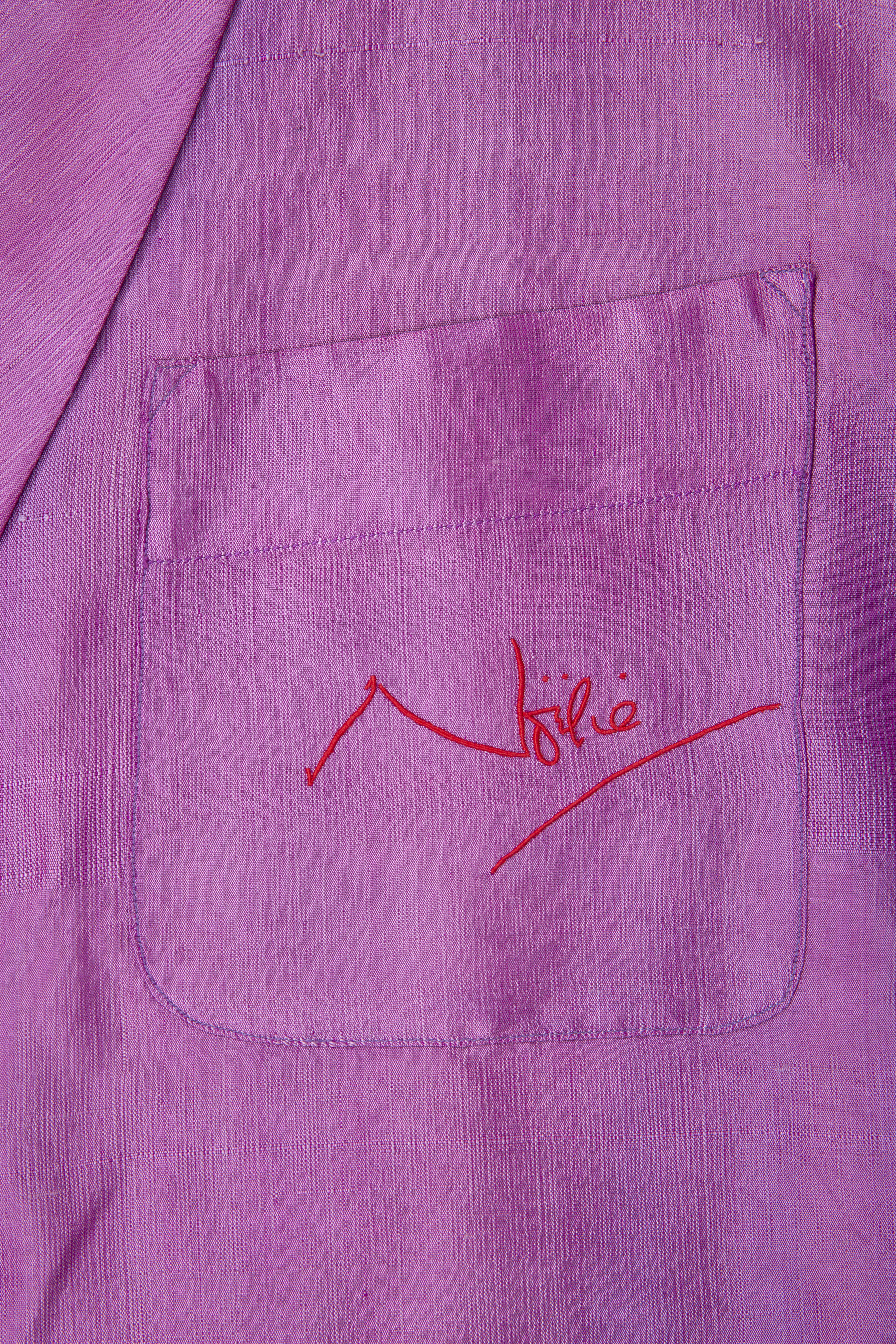 Purple silk dressing gown with embroidered monogram on the breast pocket by Mr Fish for Turnbull and Asser, worn by actor and playwright Noel Coward, c.1968