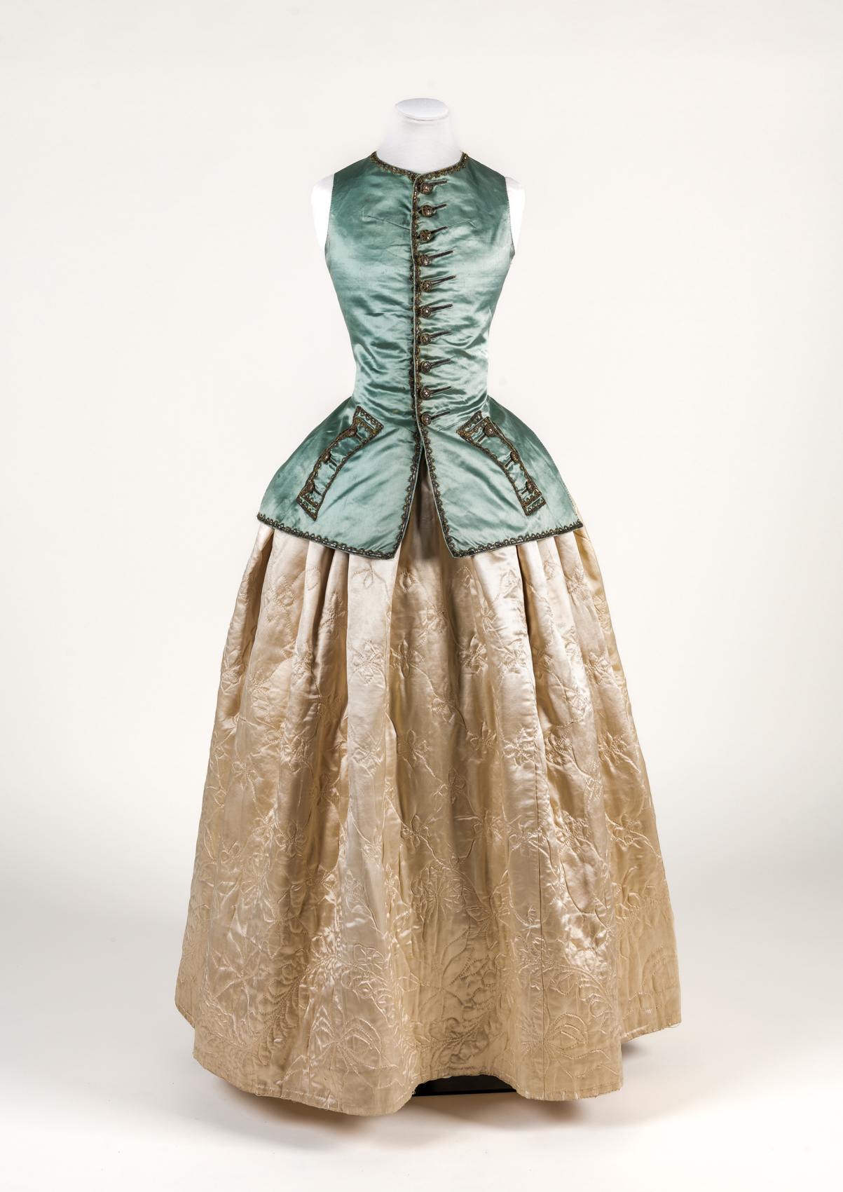Blue silk woman’s waistcoat with military-style gold metal thread embroidery
