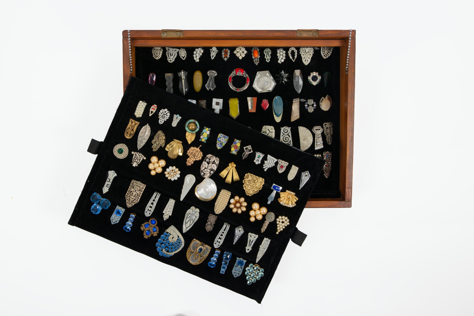 A display of many dress clips displayed alongside each other in rows