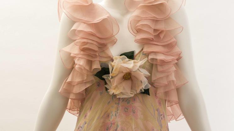 Image: Woman's long printed silk gauze dress, Gina Fratini, c. 1970-1975