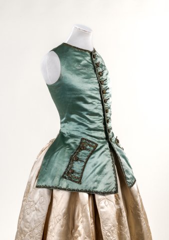 Blue silk woman’s waistcoat with military-style gold metal thread embroidery