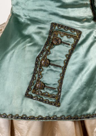 Blue silk woman’s waistcoat with military-style gold metal thread embroidery
