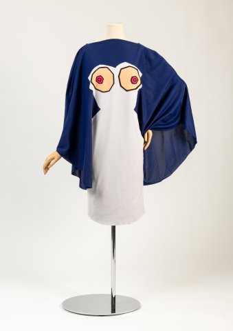 Navy and white jersey dress with felt appliqué nipple design, by Iain R Webb, 1980 model adapted in 2020 