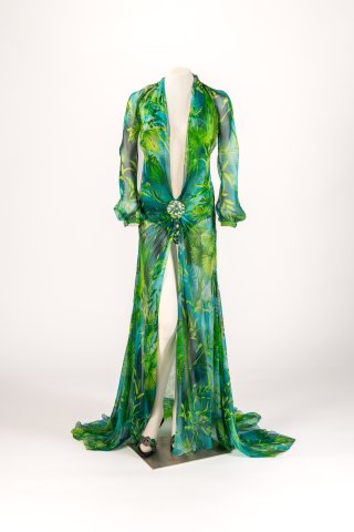 Green and blue jungle-leaf print silk chiffon dress with diamante clasp, by Versace, 2000, chosen as Dress of the Year 2000 by Lisa Armstrong