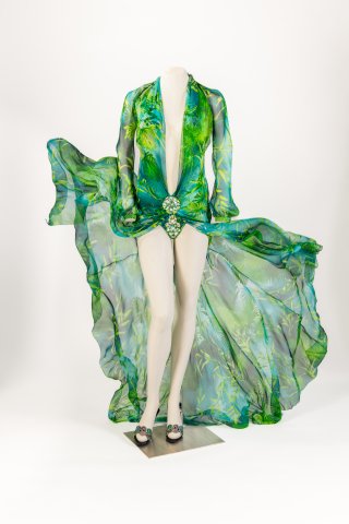 Green and blue jungle-leaf print silk chiffon dress with diamante clasp, by Versace, 2000, chosen as Dress of the Year 2000 by Lisa Armstrong