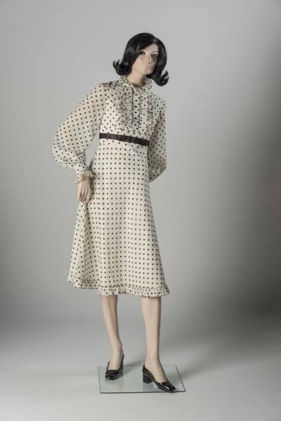 1968 Jean Muir: Black and white spotted cotton voile below-the-knee dress. Selector: Ailsa Garland, Fashion