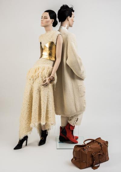 2016 Loewe and JW Anderson: Cream mohair tweed asymmetric fringed dress with gold leaf Napa leather bustier/corset. Cream chunky oversized cardigan, worn with ribbed knit trousers and white shirt with metallic button detail. Selector: Kate Phelan 