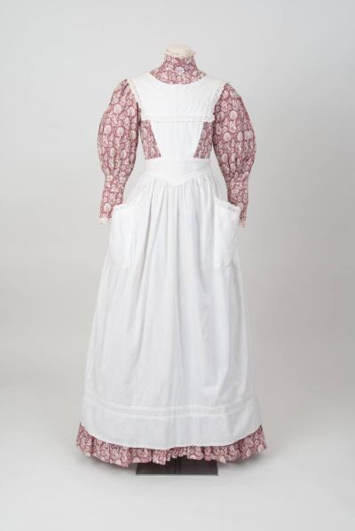 7 Woman's ensemble: long printed cotton dress and apron