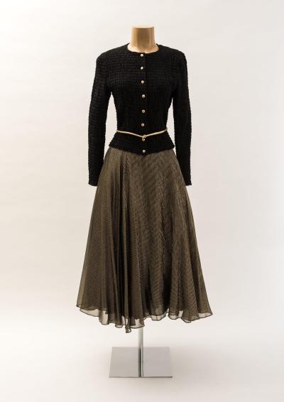 53 Woman's evening ensemble: ruched jacket and metallic thread skirt