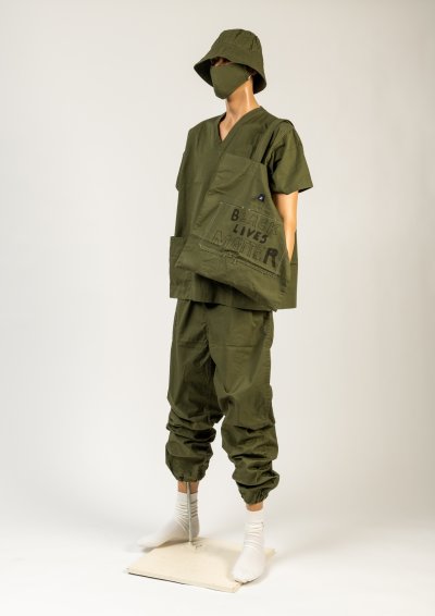 Khaki cotton twill scrubs with mask, bucket hat and bag