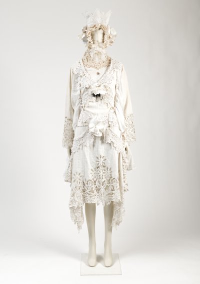 A Dress of Hope: handcrafted ensemble made from antique table linen, bed linen and lace trimmings