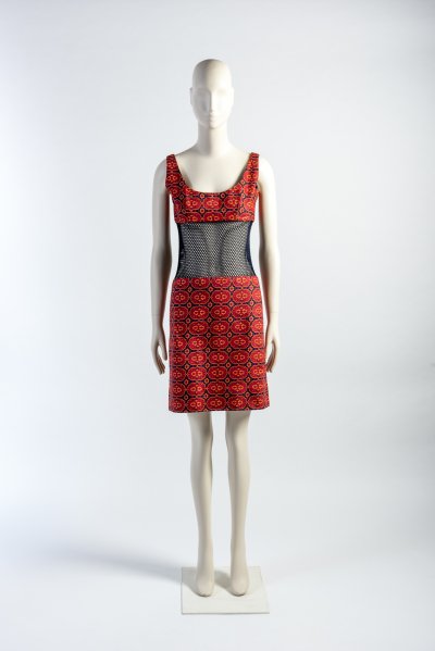 Orange print linen and mesh midriff shift dress