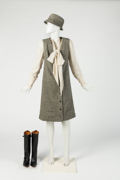 Grey wool dress and cream chiffon blouse