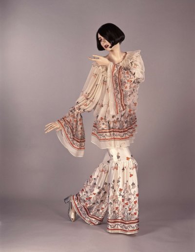 Chiffon and satin trouser suit with print by Celia Birtwell