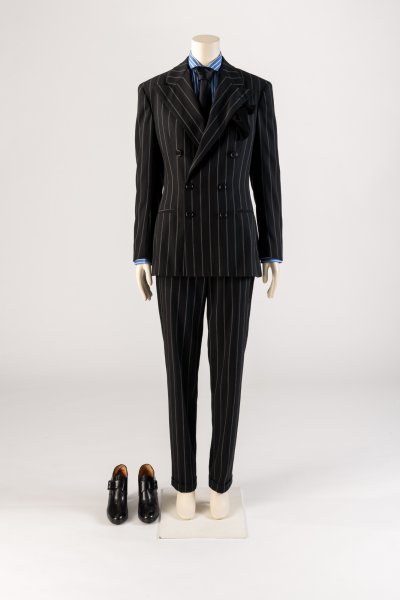 Black and white pinstripe trouser suit and shirt