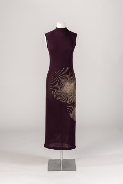 Purple evening dress with sunburst bead embroidery