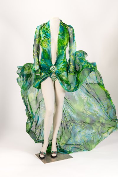 Green bamboo print silk chiffon dress and jewelled mules