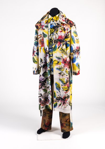 Printed cotton menswear ensemble (belted coat, shirt and trousers) specially commissioned for The Missing Thread: Untold Stories of Black British Fashion exhibition at Somerset House (2023) inspired by the work of Black British textile designer Althea McNish