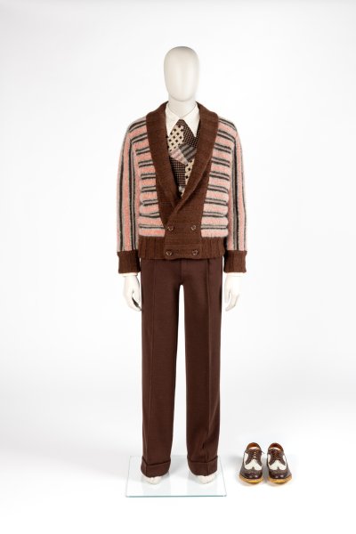 Man’s knitted cardigan ensemble