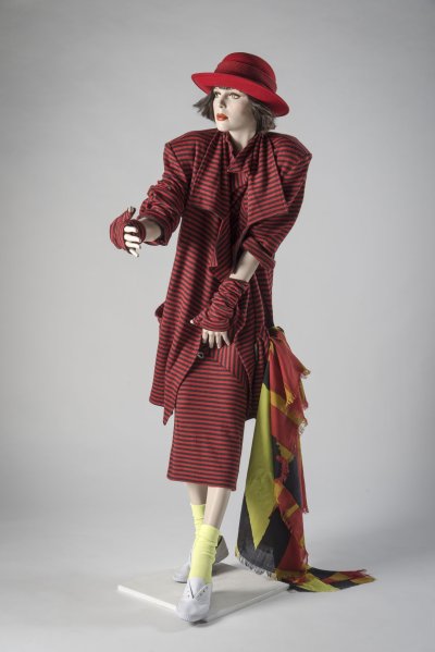 Striped dress and cardigan with hat and scarf