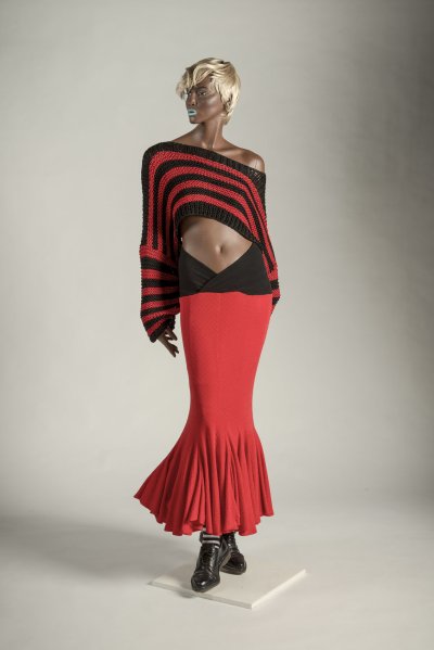 Striped jumper and skirt, stockings and hat