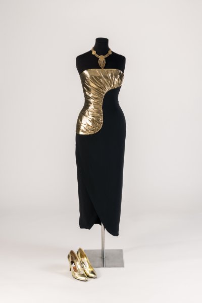 Black silk and gold lamé evening dress