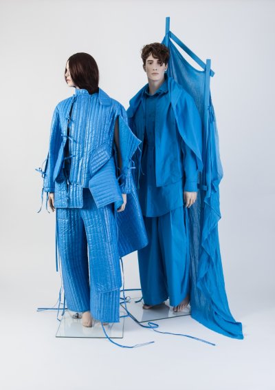 Blue cotton jacket and trousers with frame; Blue plastic quilted jacket and quilted trousers