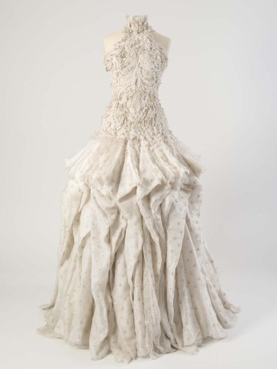 Ivory silk evening dress embroidered with feathers and silver bullion eagle motifs